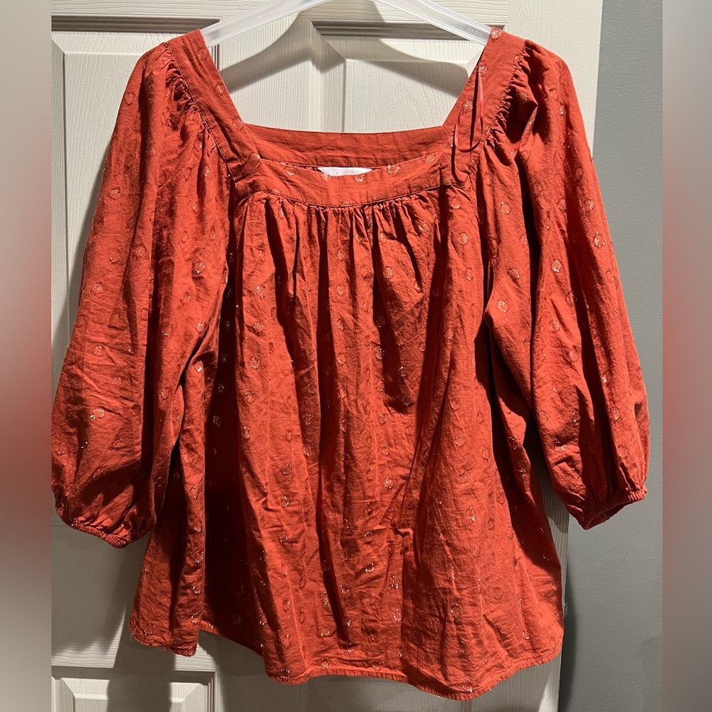 LC Lauren Conrad Square Neck Peasant Puff Sleeve Blouse Copper Metallic 1X - Picture 2 of 8